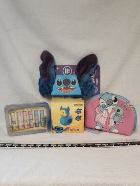 Disney Stitch Plush Ear Headband with Blue Lip Balm Set and Pink Stitch Pouch